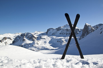 Pair of cross skis in snow