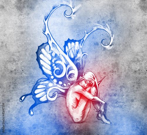 Fototapeta na wymiar Sketch of tattoo art, fairy with butterfly wings