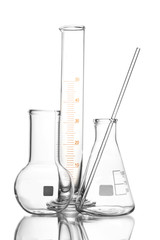 Wall Mural - Three empty laboratory glassware with reflection isolated