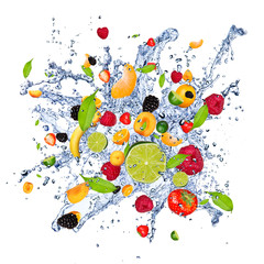 Wall Mural - Fruit mix in water splash, isolated on white background