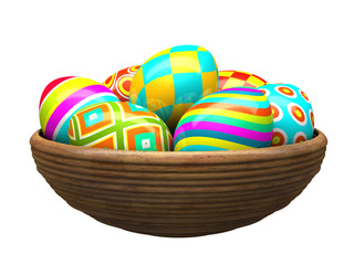 Wall Mural - Colorful painted easter eggs in wood plate