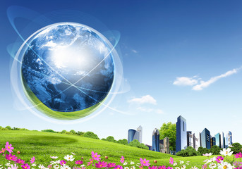 Wall Mural - Green nature landscape with planet Earth