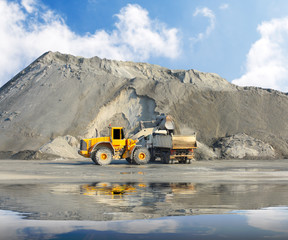 Poster - Big excavator and truck in mine.