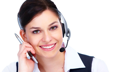 Wall Mural - Young business woman with headset.