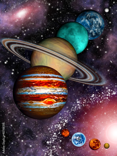 Obraz w ramie 9 planets of the Solar System, asteroid belt and spiral galaxy.