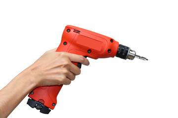 hand holding red drill isolated.