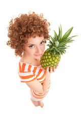 Poster - fun woman with pineapple on the white background