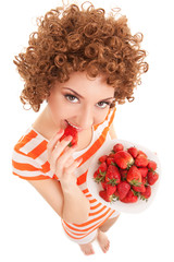 Sticker - Fun woman with strawberry on the white background