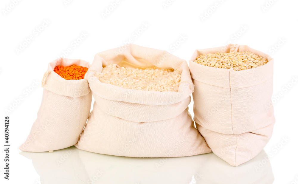 Cloth bags with grain isolated on white
