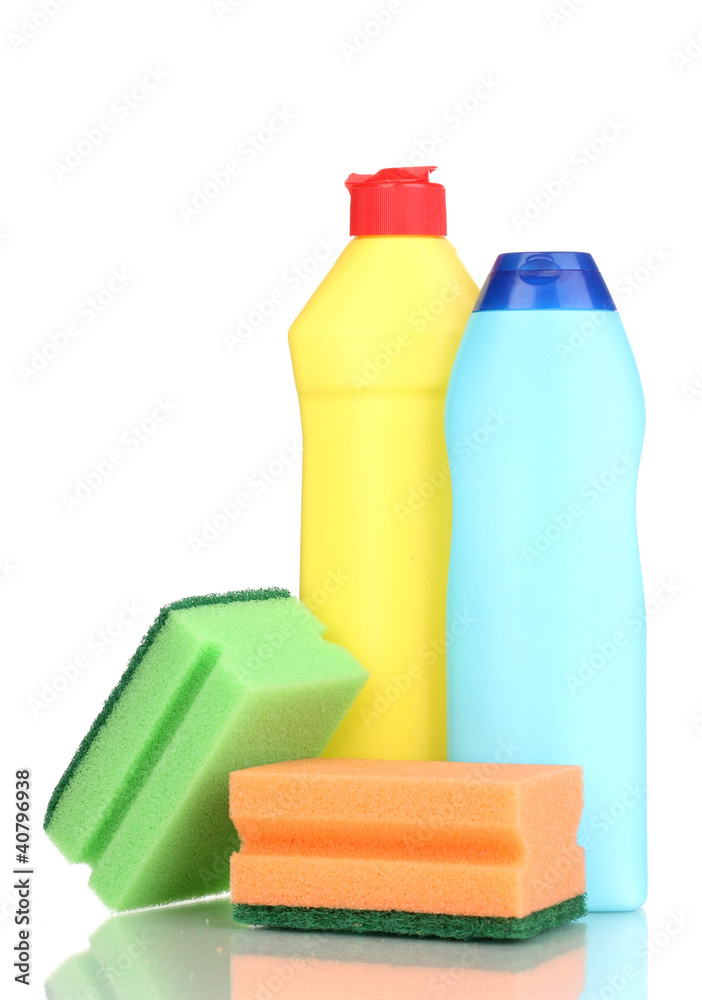 Dishwashing liquids and sponge isolated on white