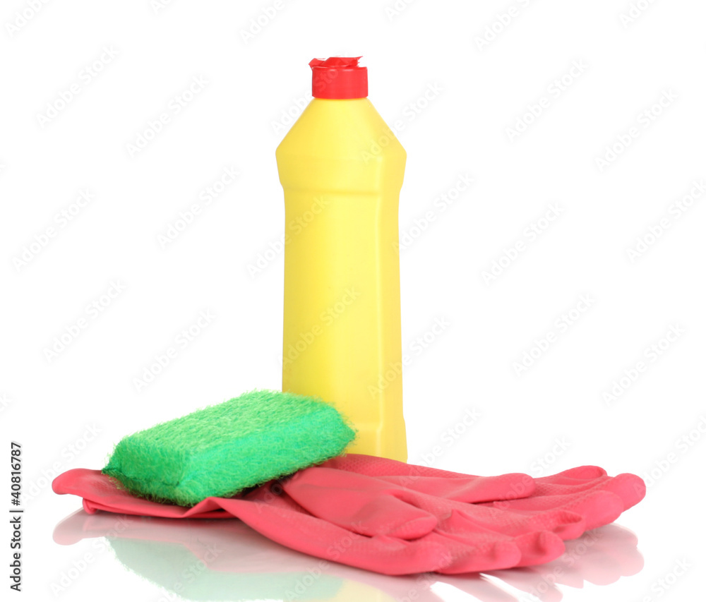 Dishwashing liquid with gloves and sponge isolated on white