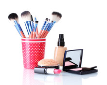Makeup Set Isolated With Brushes Isolated On White