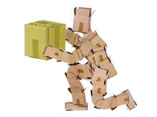 Box man kneeling and giving a gift