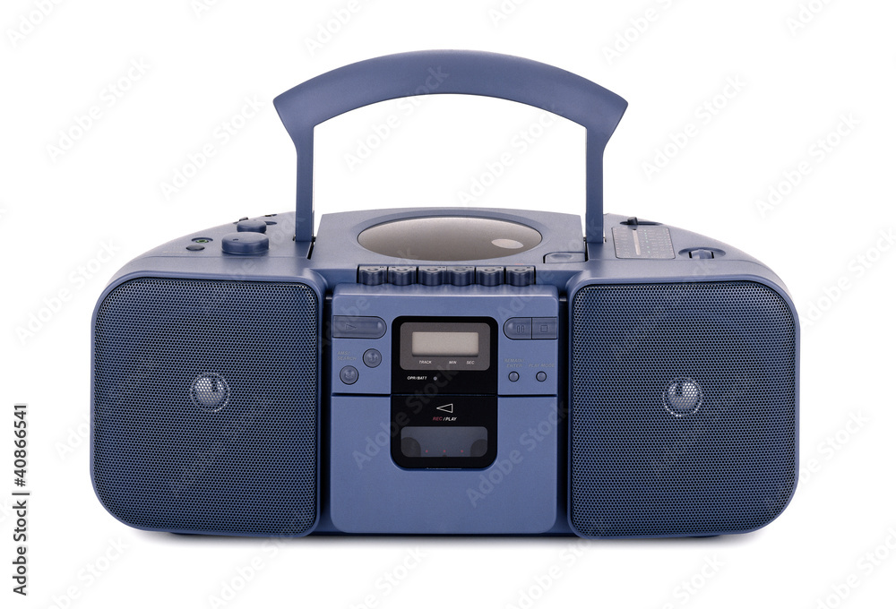Blue stereo CD radio cassette recorder isolated on white - obrazy, fototapety, plakaty 