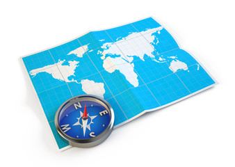 navigation concept - compass and world map
