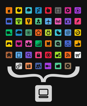 Modern color icons collecting into personal computer symbol
