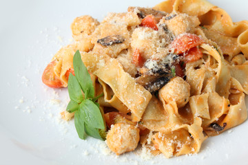 Wall Mural - Pasta pappardelle with meatballs closeup