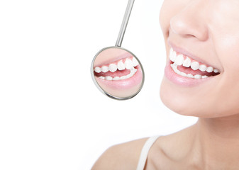 Canvas Print - Healthy woman teeth and a dentist mouth mirror