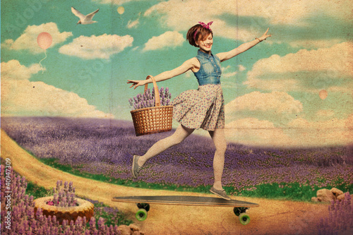 kobieta-na-fioletowym-polu-lawendowym-retro-grafika