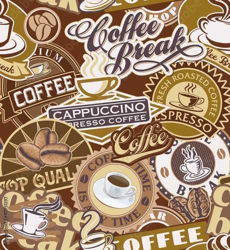 Naklejka - mata magnetyczna na lodówkę Coffee labels seamless pattern