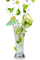 Poster - Fresh mojito drink with falling limes into glass