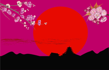 Wall Mural - pagoda and flowers at red sunset