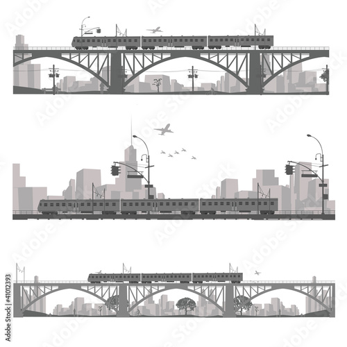 Naklejka na drzwi Vector illustration.Train on a bridge .City scape silhouette