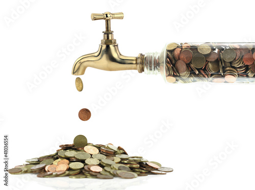 Fotografia  Money coins fall out of the golden tap