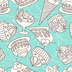 Fototapete - Holiday seamless pattern from sweet, cakes and acecream