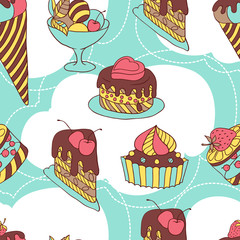 Fototapete - Holiday seamless pattern from sweet, cakes and acecream