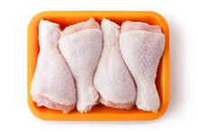 Fresh Chicken Legs On The Retail Tray. Top View.