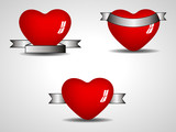 Three isolated heart element with diffrent shape of Ribbons. Vec
