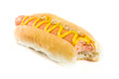Hot dog with missing bite and mustard over white