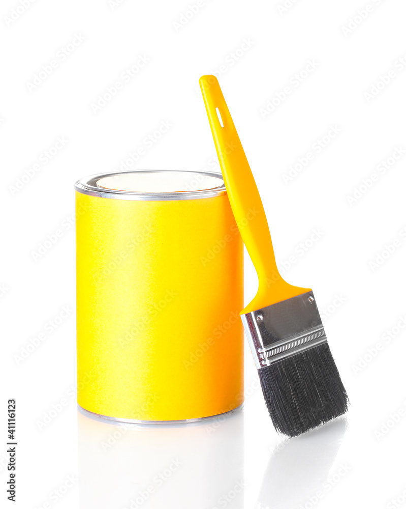 Can of paint with paintbrush isolated on white close-up