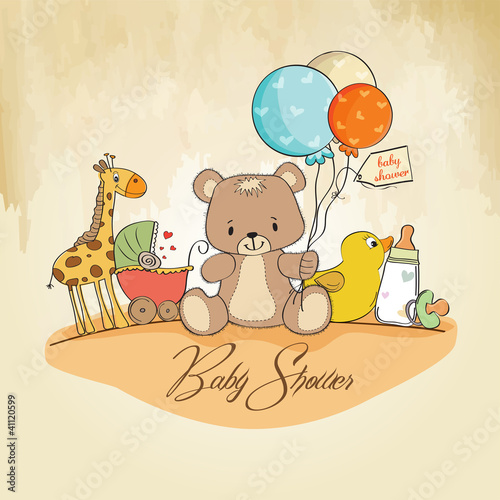 Fototapeta na wymiar baby shower card with toys