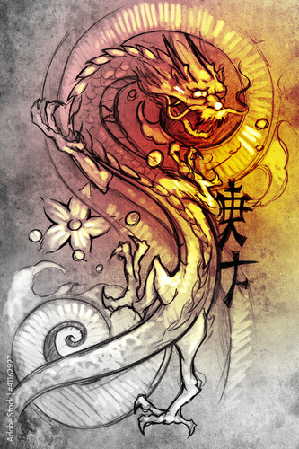 Naklejka na szybę Tattoo art, sketch of a japanese dragon
