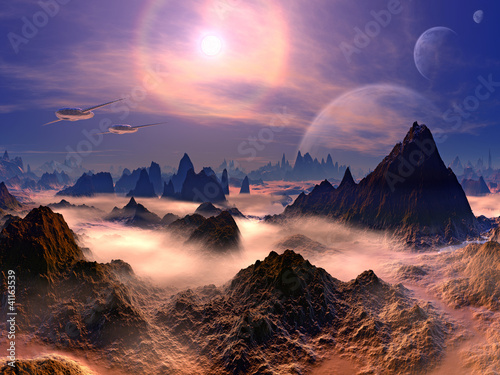 Fotografía Futuristic Aircraft over Landscape on Distant World