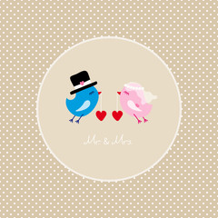 Poster - Birds Flying Holding 2 Hearts Beige Dots Background