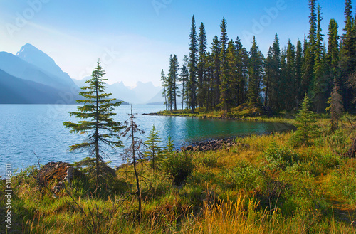 Obraz w ramie Nature landscape with mountain lake at dawn in Alberta, Canada