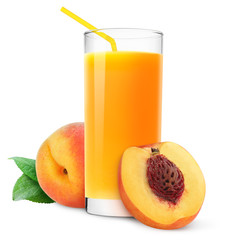 Aufkleber - Isolated peach drink. Glass of fruit juice with straw and cut peaches isolated on white background