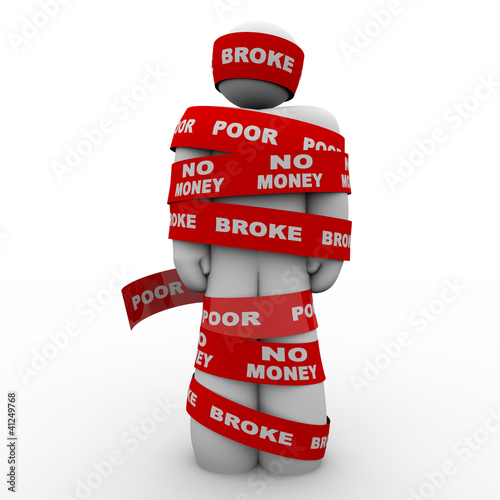 Fotografia, Obraz Broke Poor Person Wrapped in Tape Trapped in Debt