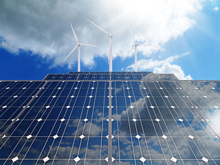 Wall Mural - 3d powerplant with photovoltaic panels and eolic turbine