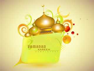 Wall Mural - Golden Mosque or Masjid on beautiful floral background with moon