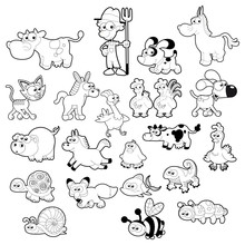 Farm Animal Family. Isolated Black White Characters.