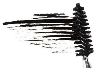 Stroke of black mascara with applicator brush, isolated on white