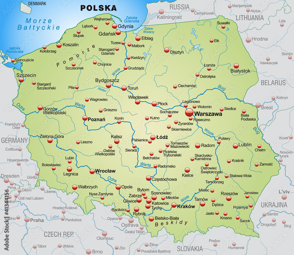 Landkarte von Polen mit Nachbarländern - obrazy, fototapety, plakaty 