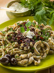 Canvas Print - pasta casarecci with ricotta and black olive, heallthy food