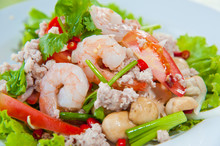 Thai Dressed Spicy Salad With Prawn, Pork, Green Herbs And Nuts