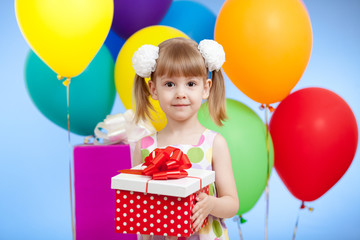 Wall Mural - girl  with colorful balloons and gift