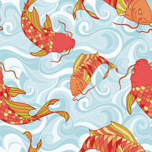 Colorful Fish In The Sea Waves Seamless Pattern